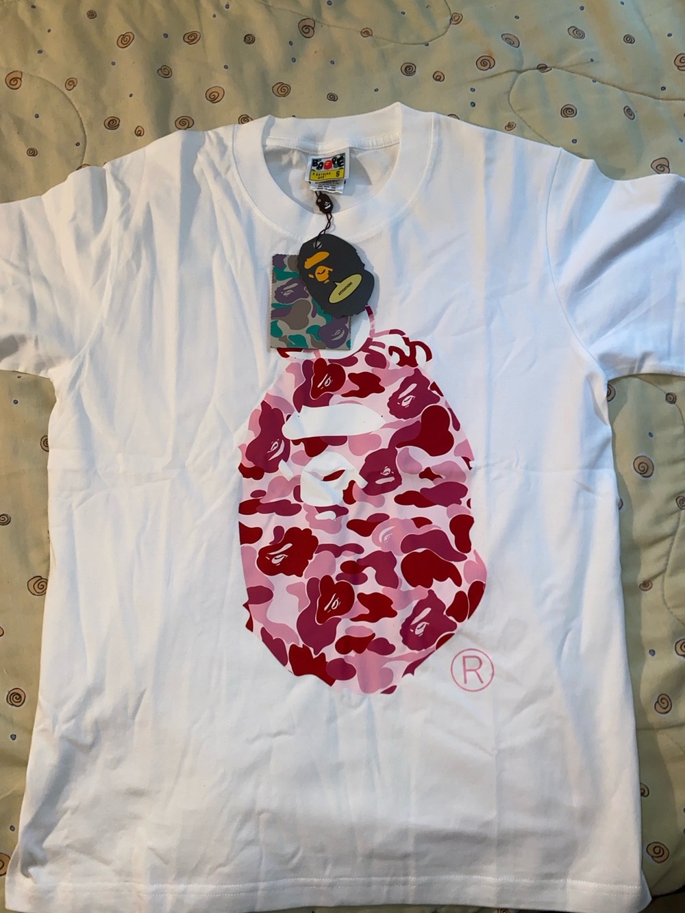 Bape White Tee with Pink Camo Ape Head